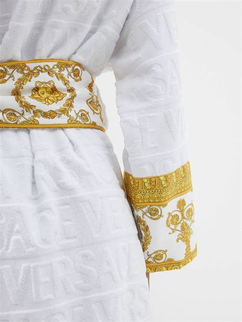 versace men satin-trimmed logo-jacquard cotton-terry robe white cotton|Versace Satin.